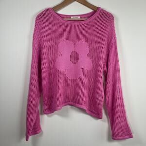 No Comment Open Knit Crochet Flower Sweater Top Long Sleeve Pink Acrylic Size L